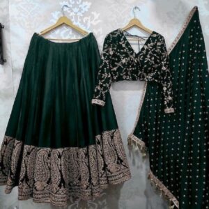 Emerald Velvet Lehenga with Paisley Embroidery