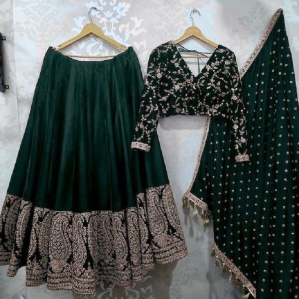 Emerald Velvet Lehenga with Paisley Embroidery